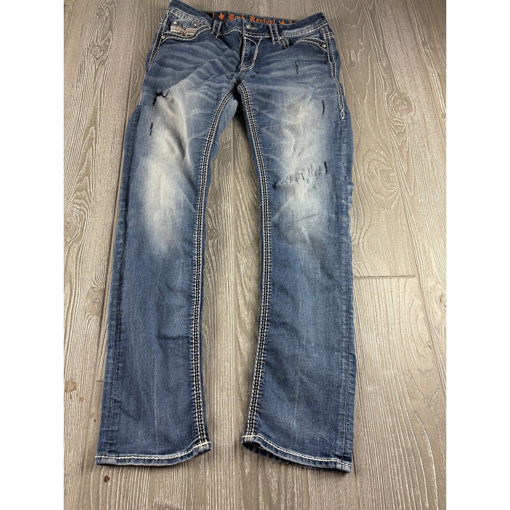 Rock Revival Womens Rain Straight Jeans Blue Distressed Size 28 Inseam 30